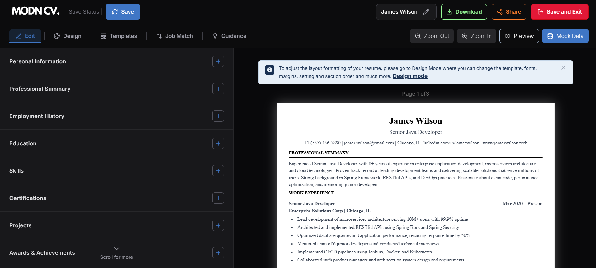 Resume Builder Interface